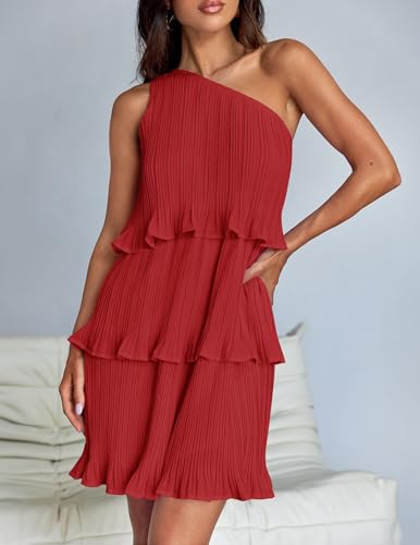 Image of ZESICA Women's 2025 Summer Sleeveless Mini Dress Boho One Shoulder Ruffle Tiered Layered Flowy A Line Dresses