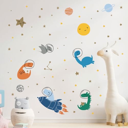 Image of Space Dinosaur Wall Stickers for Kids - Large Peel and Stick Decals (165x136cm) - Astronaut Dino & Planet Galaxy Theme - Nursery & Bedroom Decor