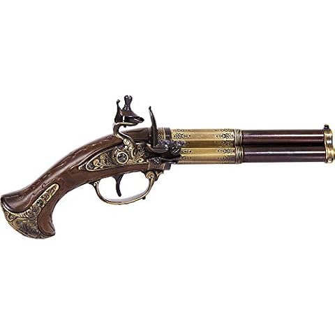 French 18th Century 3 Barrel Flintlock Pistol with Brass Finish/Wood Cover