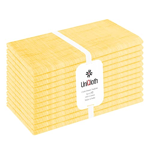 UniQloth 12 Pack Farmhouse Slub Textured Cloth Dinner Napkins Cotton - Soft Durable Washable Reusable - Ideal for Weddings Holidays Restaurant Parties Daily Use Dinner Napkins 18x18 Yellow Orange