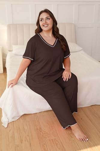 Image of Vozanet Women's Plus Size Pajama Sets Short Sleeve Long Pants Solid Color with Piping Trim Elegant Loungewear Cozy Sleepwear