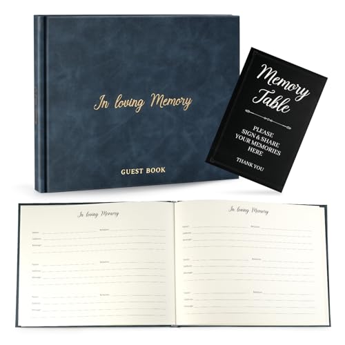 Image of Funeral Guest Book for Memorial Service in Loving Memory Funeral Guest Book with MemoryTable Sign & Back Pocket - Guest Sign in Book for Funeral Service (Navy Blue)