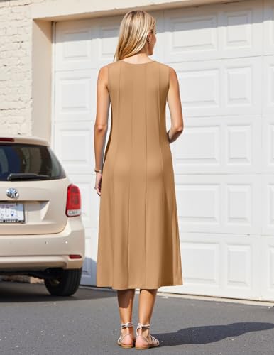 Image of HOTOUCH Summer Casual Dresses for Women Sleeveless Midi Dress Swing Tank Sundress Pleated Tshirt Dress with Pockets