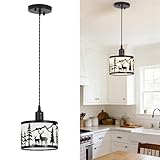 Rustic Deer Pendant Light, 1-Light Farmhouse Metal Chandelier with Linen Shade, Adjustable Hanging Ceiling Fixture for Kitchen Island, Dining Room, Bedroom, Entryway, or Living Room (No Bulb Included)
