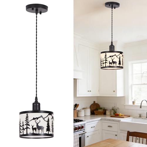 Rustic Deer Pendant Light, 1-Light Farmhouse Metal Chandelier with Linen Shade, Adjustable Hanging Ceiling Fixture for Kitchen Island, Dining Room, Bedroom, Entryway, or Living Room (No Bulb Included)
