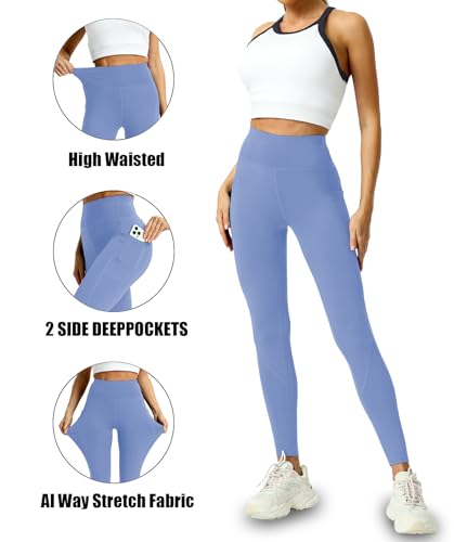 Mlenhor 4 Pack Leggings with Pockets for Women - High Waisted Tummy Control Workout Yoga Pants (US, Alpha, Small, Regular, Regular, 4 Pack-Light Blue/Green/Burgundy/Black) — view 4