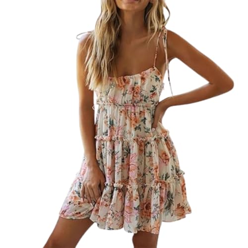 Vestido Corto de Verano con Tirantes Finos y Estampado Floral para Mujer, Estilo Bohemio, Fluido, con Capas y Volantes. (Orange Green,XL)