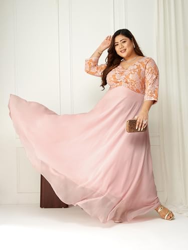 Image of Miss Chase A+ Women's Floral Printed Relaxed Fit V -Neck 3 /4Th Sleeve Georgette Maxi Dress