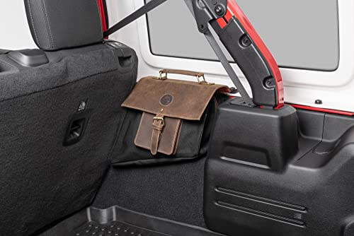 Overland Outfitters Sherpa Saddle Bag - Fits Jeep Wrangler JL 2018-2022 - Premium Leather & Canvas - Fits Over Fenders in Cargo Area - Tools & Gear Storage Bag (JLU with Subwoofer, Black)