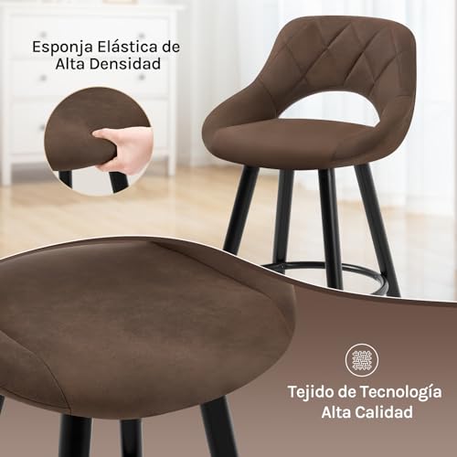 Miniatura 4 de Woltu Juego De 2 Taburetes Altos Con Respaldo Ahuecado Y Reposapiés, Para Bistro, Cafeteria Y Cocina, Con Funda De Tela Sintética Y Patas De Madera,Marrón Rústico