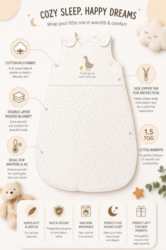 Image of TuddyBuddy Baby Cotton Wearable Quilted Sleeping Bag Blanket 1.5 Tog with 1 Way Zipper Closure | Ideal for Babies & Kids Hypoallergenic Fabrics | (Ducks & Small Dots AOP - White, 12-18 Months)