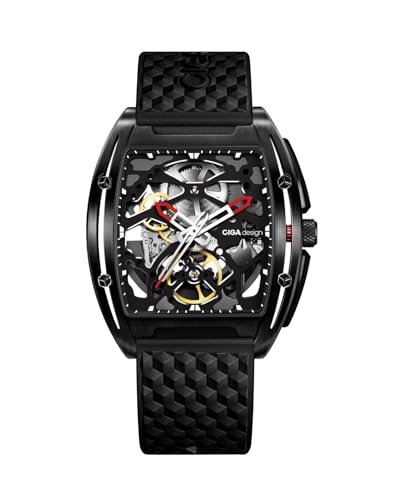 CIGA Design Z Series Automatic Mechanical Watch, Luxury Skeleton Wristwatch Tonneau with Leather and Silicone Strap Stainless Steel Business Dress Waterproof Timepiece Gifts for Men and Women