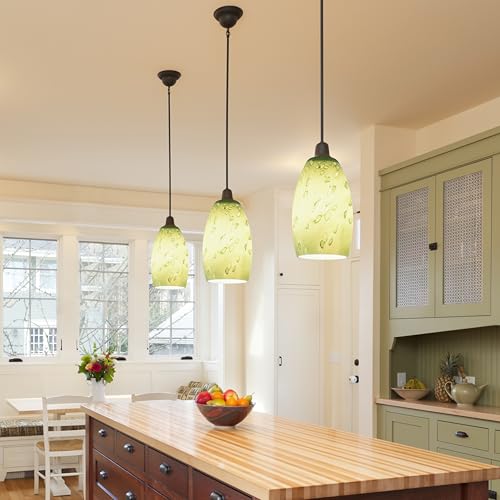 Image of GO&SO Green Glass Lamp Shade 3Pcs,7.8 inch H x 4 inch D,Oval Pendant Light Shades | 1.57 inch Fitter E26 Base,Chandelier Shades for Kitchen Island,Hanging Light Shades,Hand-Blown Art Fixtures