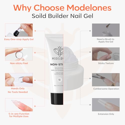 Image of modelones Solid Builder Gel for Nails, Clear Poly Nail Gel Extension Non-Sticky Gel Nail Polish Apply Upgraded 3D Art Sculpting Molding Starter-friendly 50g