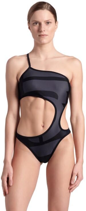 Women's Arena Logo One Piece Single Shoulder Mayo, Asphalt Multi-Black-Black, S