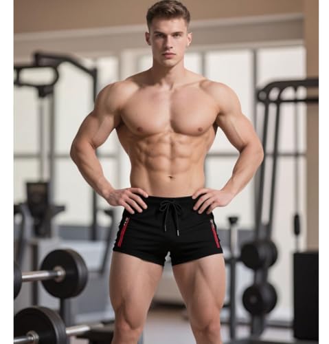 Muhshoiy Bañador Hombre Corto Bañadores de Surf Natación Playa Corriendo Pantalones Cortos Deportivos Running Shorts con Bolsillo y Cordón Forro de algodón Negro L - imagen 3