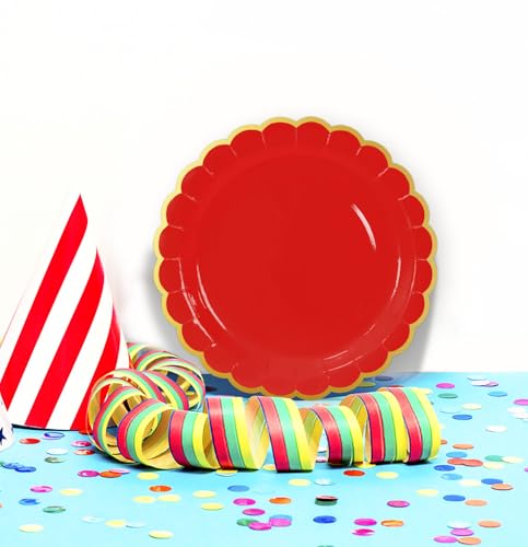 Image of HEIPINIUYE 50 Pieces Red Paper Plates with Gold Foil 7 Inch Disposable Red Scalloped Dinner Plates for Wedding Baby Shower Birthday Party Dessert Plate