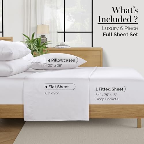 Casa Platino 100% Egyptian Cotton Sheets Full Size Set - 6 Pcs (1 Flat, 1 Fitted, 4 Pillowcases)- Ultra Smooth Sateen Weave Bed Sheets with 15" Deep Pockets - Pure White Sheet Set