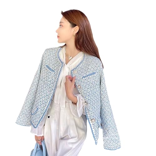 Veste en tweed col rond bleu femme style vintage chic décontracté pour l'automne
