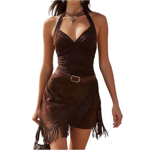 Générique Robes d'été pour Femmes 2026 – Mini-Robe décontractée en suédine à Franges, Robe Caraco sans Manches à Pompons, Robe d'été Sexy Style...