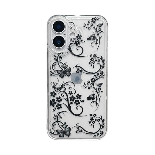 Emylisa Designed for iPhone Case, Retro Black Flower Butterfly Clear Soft Phone Case (Clear,for iPhone 15)