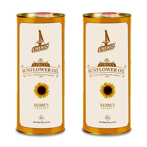 Chekko Cold Pressed Sunflower Oil 2 Litre | Wood Pressed Sunflower Oil | Pure Unrefined Edible Cooking Oil | Rich in Vitamin E & Natural Oil for Cooking, Frying, Deep Fry, Sautéing & Daily Indian Cooking (1 Litre*Pack of 2)