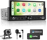 Autoradio 1 DIN, CarPlay Voiture & Android Auto sans Fil, Poste Radio Bluetooth Main Libre, Écran Tactile, Navigation GPS, Contrôle Vocal, AUX/FM, MirrorLink, USB Type C (6,86