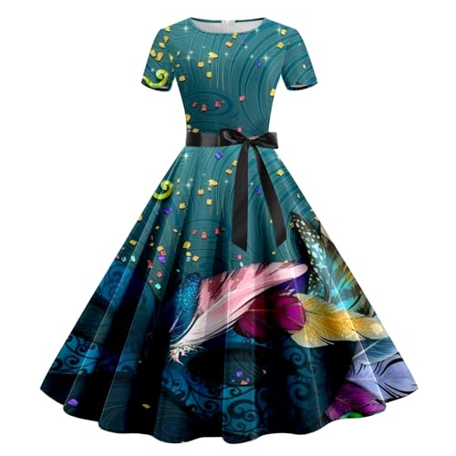 Damen Karneval Kleid Vintage 50er Jahre Rockabilly Kleid Kurzarm A-Linie Partykleid Bunt Masken Druck Faschingskostüm Outfit mit Gürtel