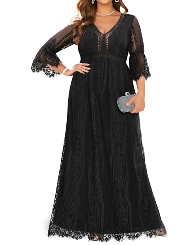 Pinup Fashion Damen Plus Size Boho Maxi Floral Lace Bohemian Brautkleid V Ausschnitt Flowy Lange Partykleider, Schwarz, 50 Plus