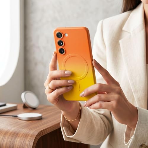 Image of amazon basics Gradient Mag-Safe Case for Samsung Galaxy S23 5G | Soft Silicone Shockproof Cover with Camera Protection | Slim Lightweight Design | Smooth Touch & Durable - Orange & Yellow