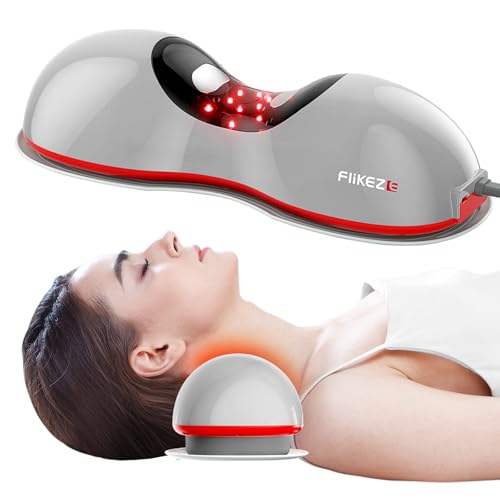 FliKEZE Heated Neck Stretcher with Red Light Therapy, Wireless Cervical Traction Device for TMJ Pain Relief and Shoulder Relaxer, Neck Traction Massager Pillow for Home/Office Used, Grey