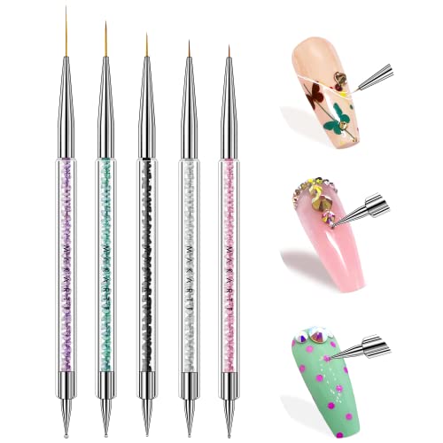 Makartt Nail Art Brushes Set 5Pcs Double-End Nail Design Brushes Dotting Pen Bundle 3D Painting Gel Clear Nail Gel For Naills Art Chrome Nail Powder Sculpting Gel #TOP1