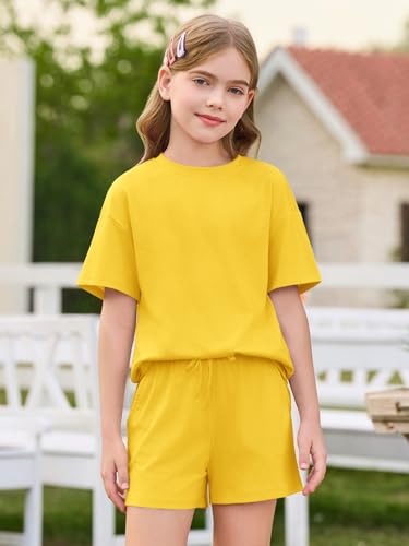 Image of Haloumoning Girls Summer 2 Piece Outfits Kids Oversized T Shirts and Shorts Clothing Sets 5-14 Years