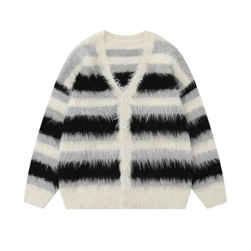Striped V-Neck Sweater Men's Loose Casual Knit Harajuku High Street Cardigan