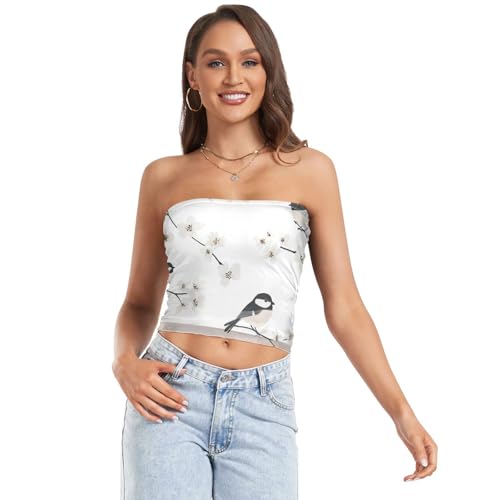Cute Birds Flower and Whites Women's Crop Tops Sexy Bandeau Tops for Women Band Strapless Bra for Teen Party - Main Image