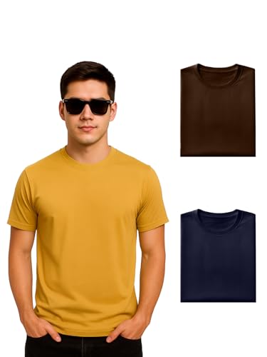 Image of Veirdo 100% Pure Cotton Regular Fit Half Sleeve Solid Core Round Neck Multicolor T-Shirt Combo for Men (Pack of 3)