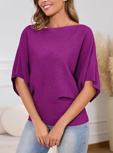 Image of MAKARTHY Womens Batwing Sleeves Knitted Dolman Pullovers Boat Neck Tops Sweatershirts
