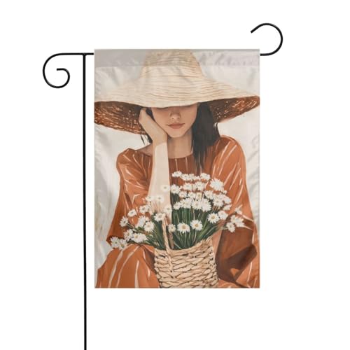 Bohemian Woman Orange Dress Daisies Garden Flag 12x18 Vertical Double Sided Farmhouse Holiday Outside Decorations Yard Flag