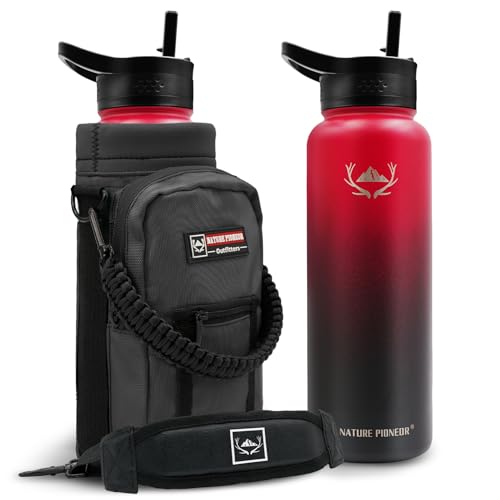 Image of NATURE PIONEOR 40 oz Insulated Water Bottle with Carrier Bag & 3 Lids