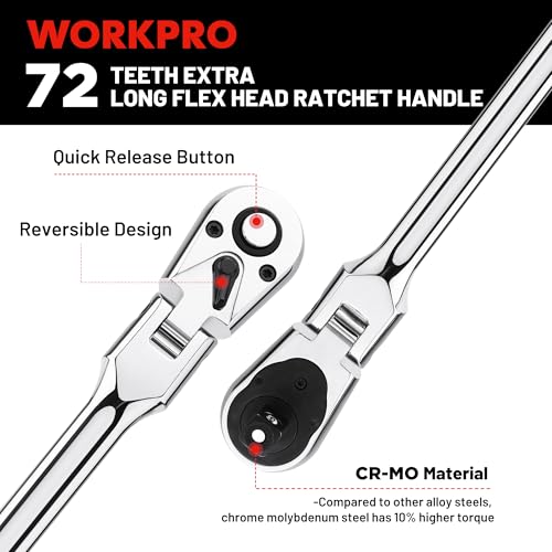 Image of WORKPRO 1 /4 inch Drive Extra Long Flex Head Ratchet, 12 Inch Long CR-V Steel Ratchet Handle with Chromium Plating, CR-MO Head, Quick Release Reversible Design, 72-Tooth