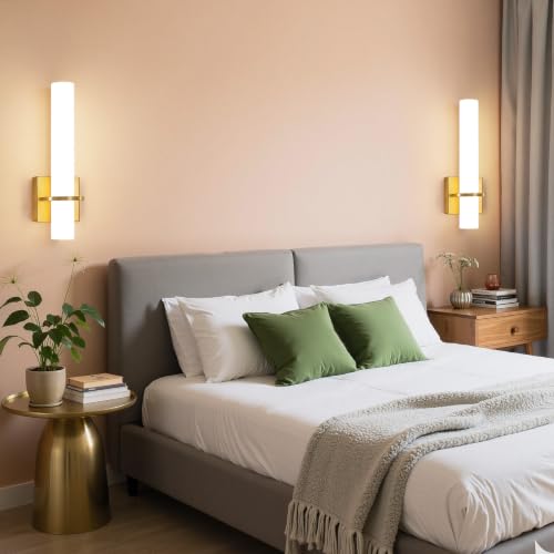 Image of AIJIASI Battery Operated Gold Wall Sconces - 15 Inch Modern Sconce Wall Lighting 3000K-6000K Dimmable LED Wall Sconces Set of Two, Indoor Bathroom Sconce for Living Room Bedroom Hallway Stairway