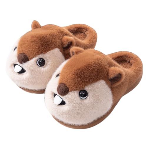 Squirrel Fuzzy Animal Slippers for Women & Men, Cute Fluffy Plush Warm House Couple Slippers, Winter