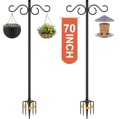 Image of RCUICA Double Shepherds Hooks for Outdoor,2 Pack 70 Inch Bird Feeder Pole with 5 Prongs Base,Heavy Duty Shepherds Hook,Suitable for Garden in Hanging Flower Basket,Lantern,Bird Nests (2 Pack 70 inch)