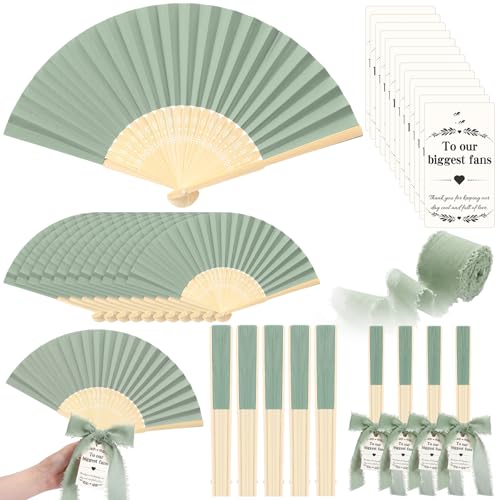 Junkin 30 Set Sage Green Wedding Fans for Guests Bulk with Thank You Card and Chiffon Silk Ribbon Bamboo Handheld Foldable Handmade Folding Fans for DIY Bridal Shower Wedding Bridesmaid Favors