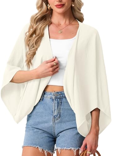 GRECERELLE Light Weight Cardigan for Women, Summer Open Front Kimono Cropped Bolero Cardigans, Casual Boho Cover Ups, Ivory White, L