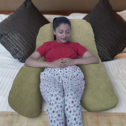 Image of U-Shaped Sleeping Pregnancy Pillow| Removable Washable Velvet Cover with Zipper| PregnoCare Fibre| Maternity, Nursing| Full Body Soft Support Bump, Head,Back, Shoulder, Hip, Leg & Belly(Mehandi Green)