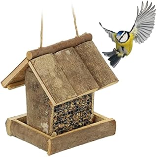 Relaxdays Bird Feeder House, Hanging Feeding Station, HxWxD 17.5 x 14.5 x 11.5 cm, Wooden Birdhouse, Natural