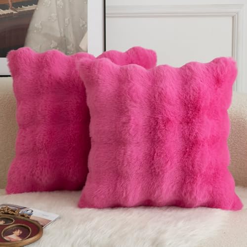 Image of MANDIOO Pack of 2 Thick Plush Wool Decorative Throw Pillow Covers Super Soft Wave Bubble Fur Velvet Cushion Covers Pillow Shams for Couch Bed Living Room 26x26 Inch Hot Pink