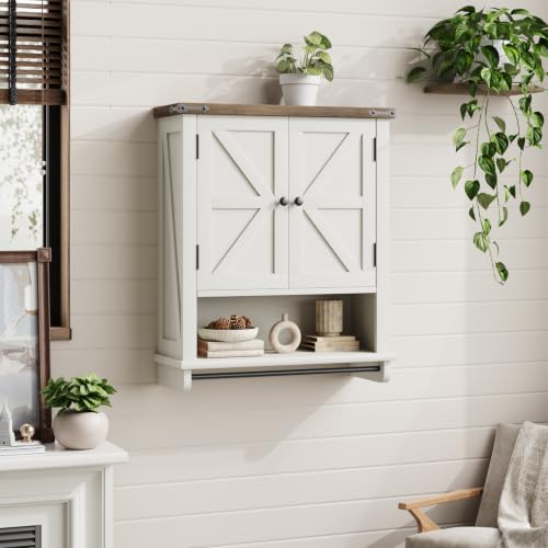Image of QUW Farmhouse Bathroom Wall Cabinet, Modern Medicine Cabinets with Towel Bar & Jewelry Holder, Over The Toilet Storage Cabinet with Barn Door for Laundry, Living Room, Hallway, Antique White