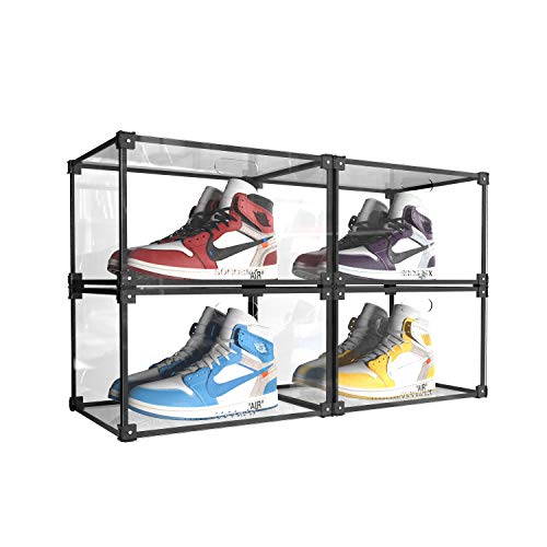 SOGOBOX Shoe Box,Stackable Clear Plastic Shoe Box with lids, As Shoe Storage Box and Shoe Organizer,For Display Sneakers,Shoe Containers Fit up to US Size 13(Assembly Hammer Included) - 4 Pack